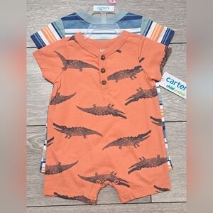 Brand New Carter's 2 Piece Baby Romper Set - Orange Aligator and Blue Stripes